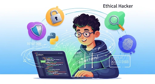 ethical hacking for beginners, illustration of an ethical hacker with a laptop, digital code, and cybersecurity symbols.