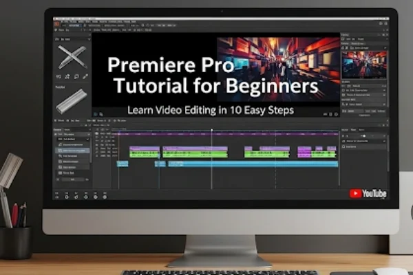 featuring Adobe Premiere Pro’s editing interface on a computer screen, colorful video timeline, and editing tools, designed to promote a Premiere Pro editing tutorial for YouTube beginners.