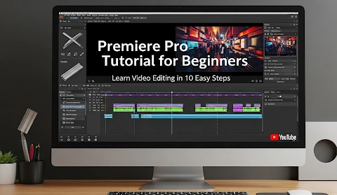featuring Adobe Premiere Pro’s editing interface on a computer screen, colorful video timeline, and editing tools, designed to promote a Premiere Pro editing tutorial for YouTube beginners.