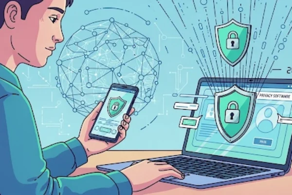 illustration of a person using a laptop and smartphone with shield and lock icons, symbolizing online privacy software and digital security in 2025.