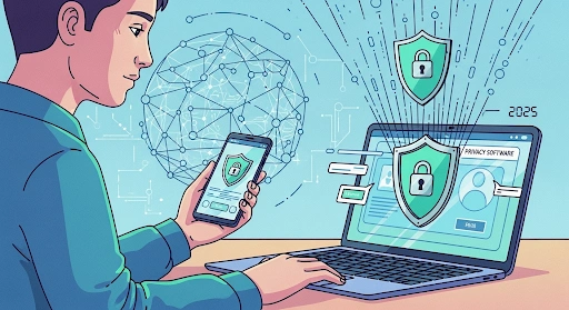 illustration of a person using a laptop and smartphone with shield and lock icons, symbolizing online privacy software and digital security in 2025.