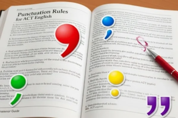open grammar book with punctuation icons for ACT English rules.