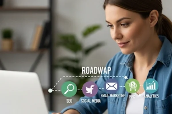 owner using a laptop, with digital marketing icons like SEO, social media, email, PPC, and analytics arranged in a roadmap format, symbolizing a digital marketing course outline for small businesses
