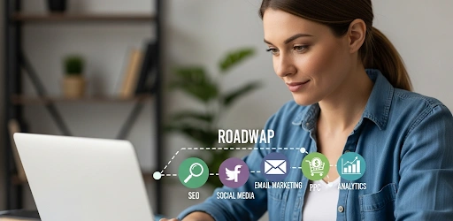 owner using a laptop, with digital marketing icons like SEO, social media, email, PPC, and analytics arranged in a roadmap format, symbolizing a digital marketing course outline for small businesses