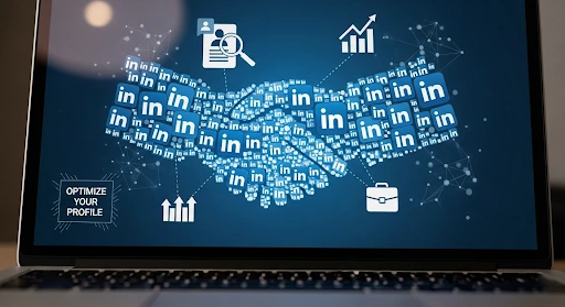 showing a digital handshake on a laptop screen with LinkedIn icons, symbolizing a LinkedIn profile optimization strategy for career growth.