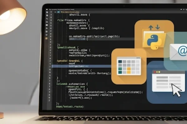 showing a laptop with Python code and automation icons like file organization, email, spreadsheets, and web browser, representing Python automation scripts for everyday tasks