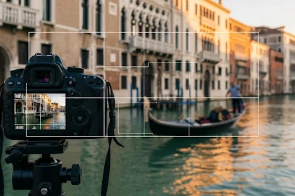travel photography composition guide DSLR camera on tripod capturing gondola in Venice canal with rule of thirds overlay and golden hour lighting.