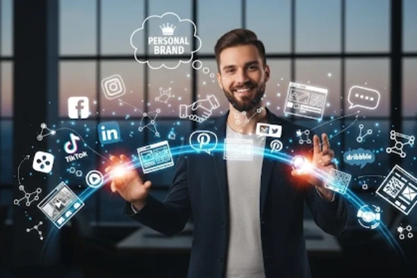 Thumbnail showing a freelancer confidently presenting their personal brand with digital portfolio items, social media icons, and networking symbols, representing strategies to build personal brand freelancer.